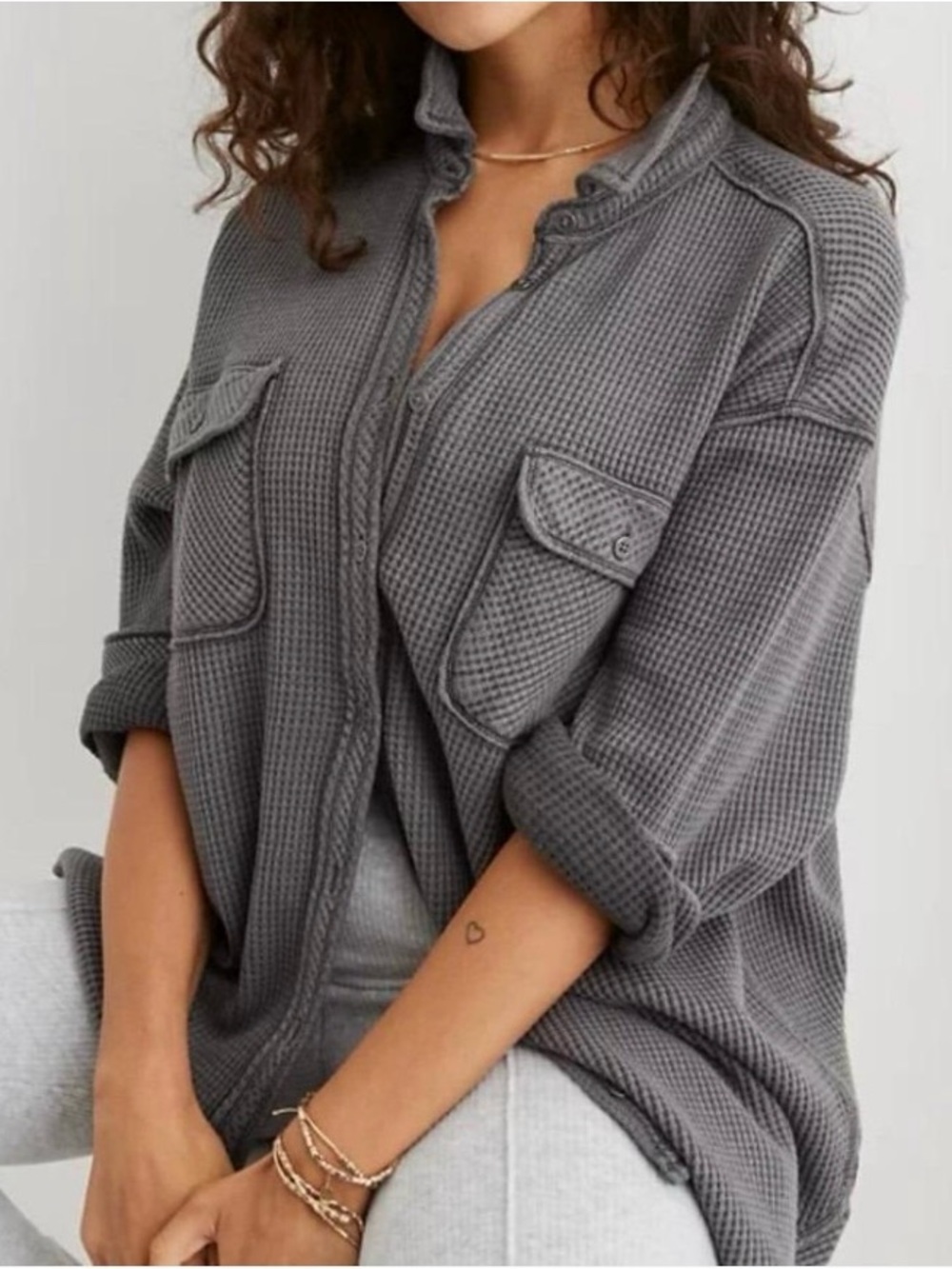 Aerie Charcoal Gray Waffle-Knit Button-Front Lumberjane - Size L